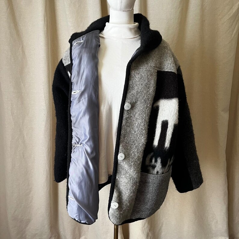 Vintage Norwegian Handwoven Wool Jacket Gray Black Moose Pattern Nordic Coat L image 8