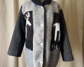 Vintage Norwegian Handwoven Wool Jacket Gray Black Moose Pattern Nordic Coat L