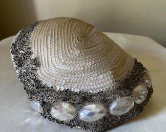 Young Towner's Beaded Sequin Cocktail Hat Iridescent Rhinestone Fascinator