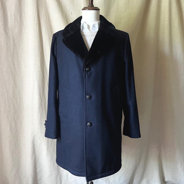 Vintage Lakeland Wool Car Coat Mens 42L Navy Fur Collar Pile Lined