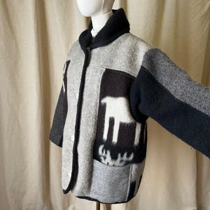 Vintage Norwegian Handwoven Wool Jacket Gray Black Moose Pattern Nordic Coat L image 4