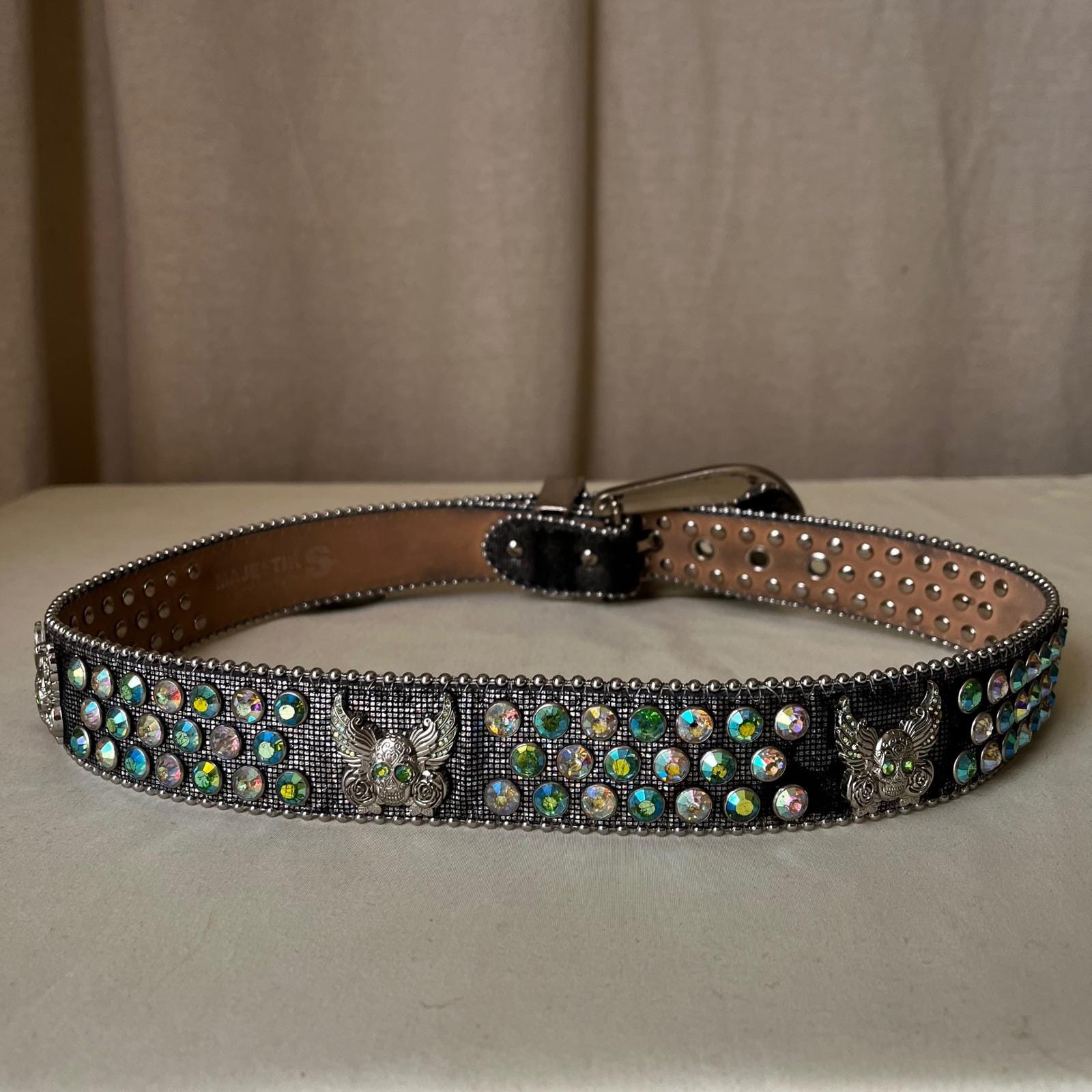 Majestik Rhinestone Skull Belt Y2K‎ Crystal Studded Heavy Leather Sz S 28-32 Majestik Rhinestone Skull Belt Y2K Crystal Studded Heavy  main image 2