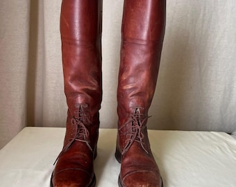 Botas altas de montar de cuero burdeos vintage con cordones y puntera reforzada para mujer, talla 7N