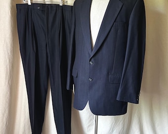 Vintage Burberrys Navy Pinstripe Wool Suit 44L Two Piece Set Made USA