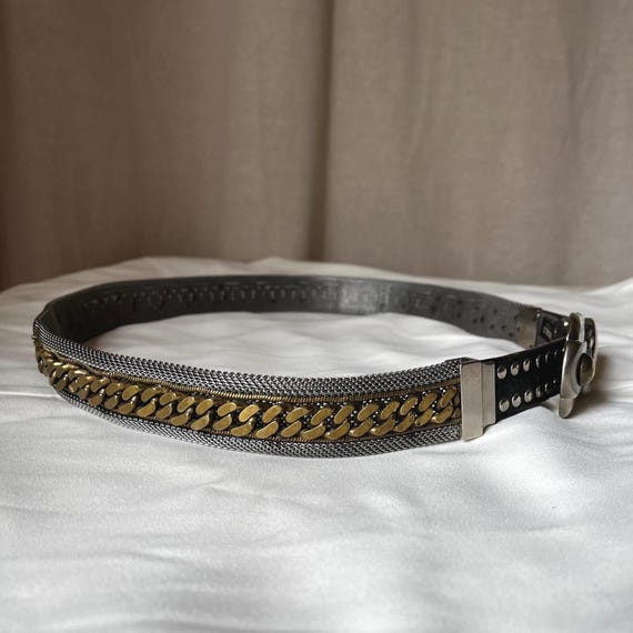 Nanni Italy Studded Leather Chain Mesh Belt Black Silver  display picture 2