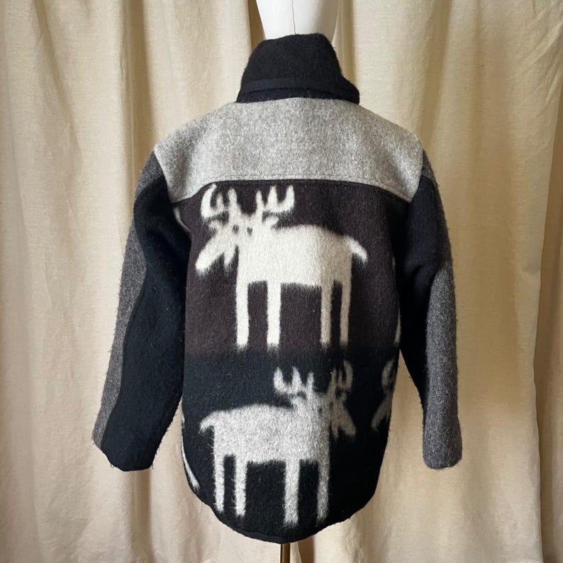 Vintage Norwegian Handwoven Wool Jacket Gray Black Moose Pattern Nordic Coat L image 5