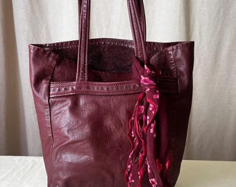 Vintage Burgundy Leather Tote Shoulder Bag Soft Leather Shopper