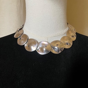 Vintage Hammered Silver Disc Collar Necklace Statement 17" Bold