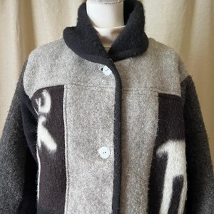 Vintage Norwegian Handwoven Wool Jacket Gray Black Moose Pattern Nordic Coat L image 2
