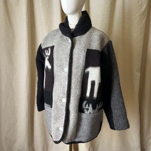 Vintage Norwegian Handwoven Wool Jacket Gray Black Moose Pattern Nordic Coat L image 12