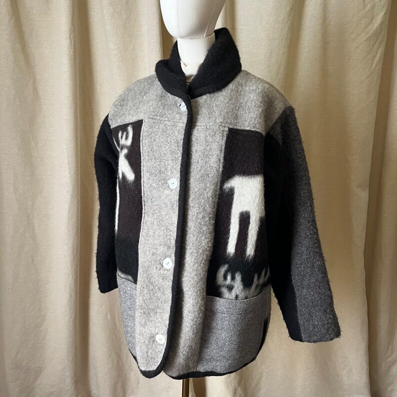 Vintage Norwegian Handwoven Wool Jacket Gray Black Moose Pattern Nordic Coat L image 12