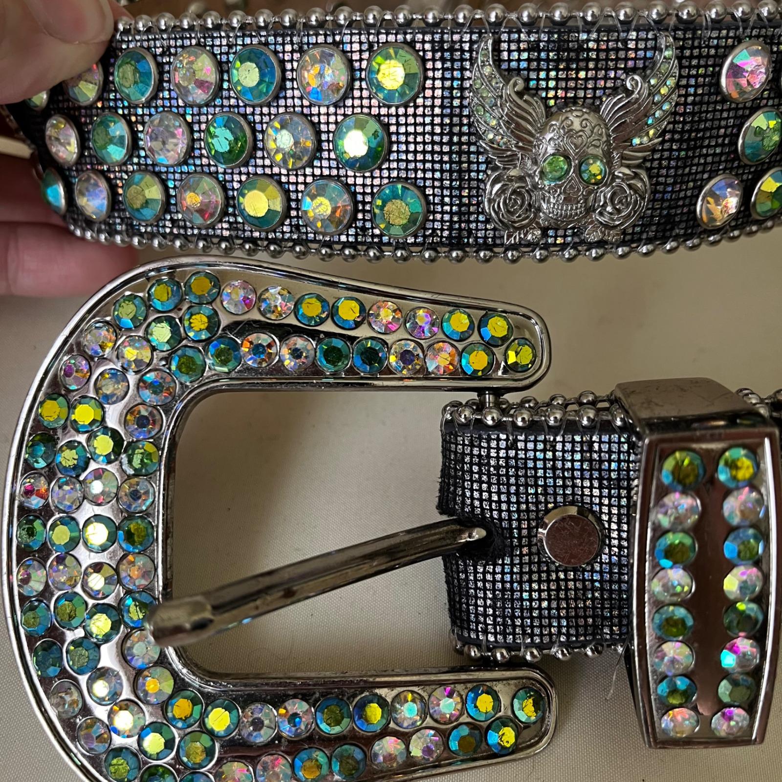 Majestik Rhinestone Skull Belt Y2K‎ Crystal Studded Heavy Leather Sz S 28-32 Majestik Rhinestone Skull Belt Y2K Crystal Studded Heavy  main image 3