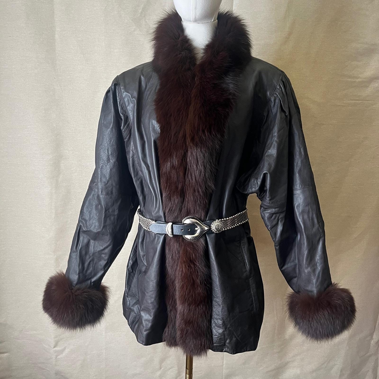 Vintage 1980s Roxciticus Leather Fox Fur Trim Oversized Coat M/L