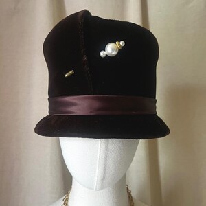 Vintage Mr. Carl Brown Satin Halo Cocktail Hat Birdcage Veil 1950s 1960s Pillbox Hat Pearls - Etsy main image 2