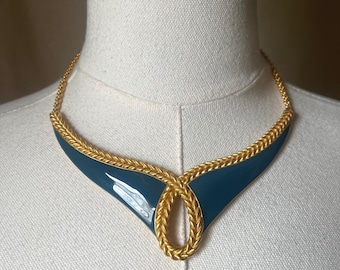 Vintage Monet Teal Enamel Collar Necklace Gold Rope Choker 15.5" Signed