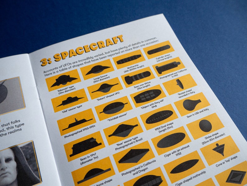 May include: A yellow and black chart with illustrations of different UFO shapes. The chart is titled "3: SPACECRAFT" and includes descriptions of each shape, such as "Large Saucer (50m diameter)" and "Cigar shaped mothership".