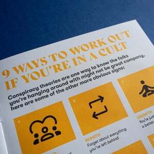 May include: A white page with yellow boxes containing black icons and text. The text reads "9 Ways to Work Out If You're In a Cult". The text below the icons reads "Rebirth", "Growth", and "Forget about everything you've left behind".