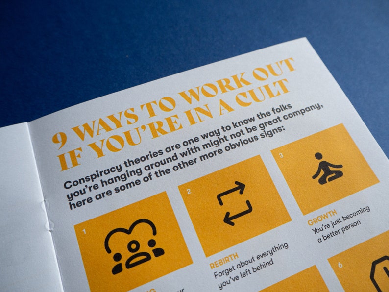May include: A white page with yellow boxes containing black icons and text. The text reads "9 Ways to Work Out If You're In a Cult". The text below the icons reads "Rebirth", "Growth", and "Forget about everything you've left behind".