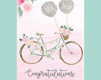 Retro Wedding Card, Married Couple, Just Married Card, Congratulations Card, Bride and Groom, Bridal Shower Card, Newlyweds, Wedding Flowers