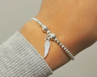 Silver Angel Wing Bracelet, Memorial Bracelet, Beaded Stacking Bracelets,  Bracelets For Women, Angel Wing Jewellery, Dainty Wing Bracelet