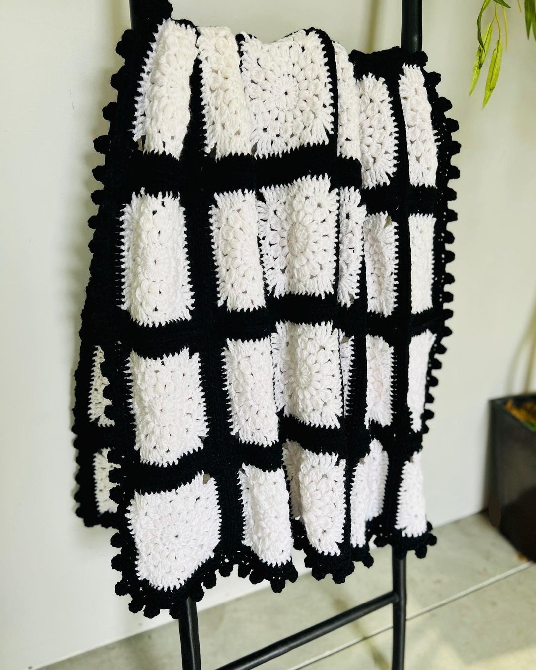 Black and White Granny Square Throw W Poms Afghan Etsy