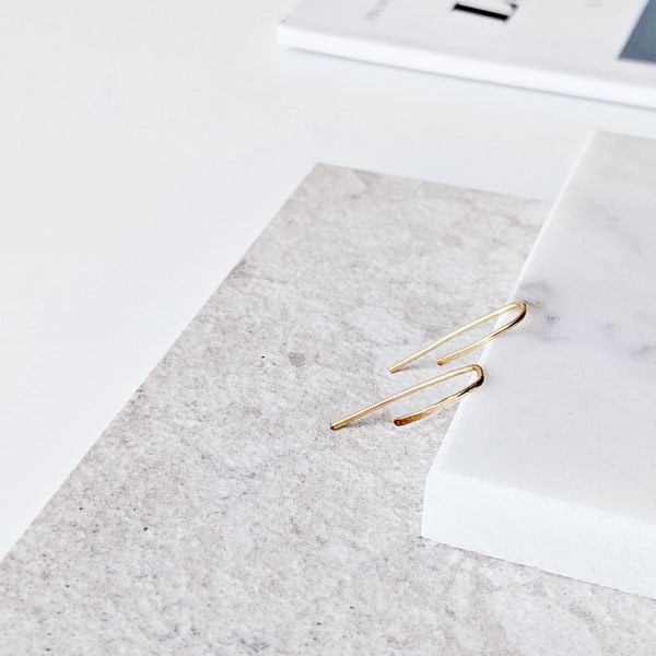 Minimalist threader earrings| Precious metal gold, silver, brass| Dimpled scandi nordic drop bar