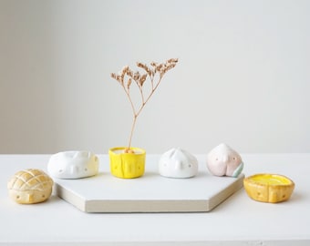 Dimsum Pfirsich Ananas Brötchen Ei Tarte siu mai Melonen Pfanne Nosy Knospen| Getrocknete Blume / Weihrauchhalter | Hong Kong Snack-Tonfigur Food-Skulptur