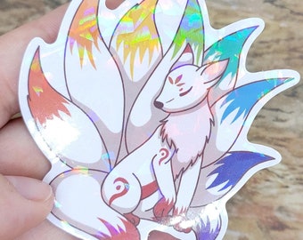 Rainbow Kitsune vinyl Sticker ~ Laptop ~ Journal ~ Holographic Stars