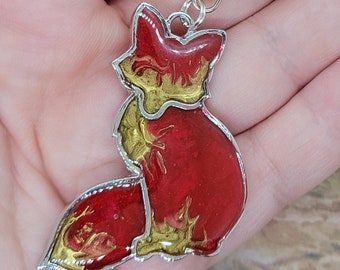 Ruby and Gold Kitsune ~ handmade OOAK Resin Keychain ~ Very Cute Accessory