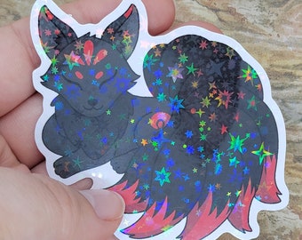 Black Kitsune vinyl Sticker ~ Laptop ~ Journal ~ Holographic Stars