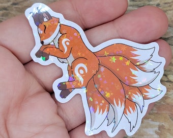 Sticker vinyle orange Kitsune ~ Ordinateur portable ~ Journal ~ Étoiles holographiques