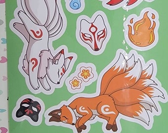 Kitsune vinyl Sticker Sheet ~ Laptop ~ Journal ~ Holographic Stars