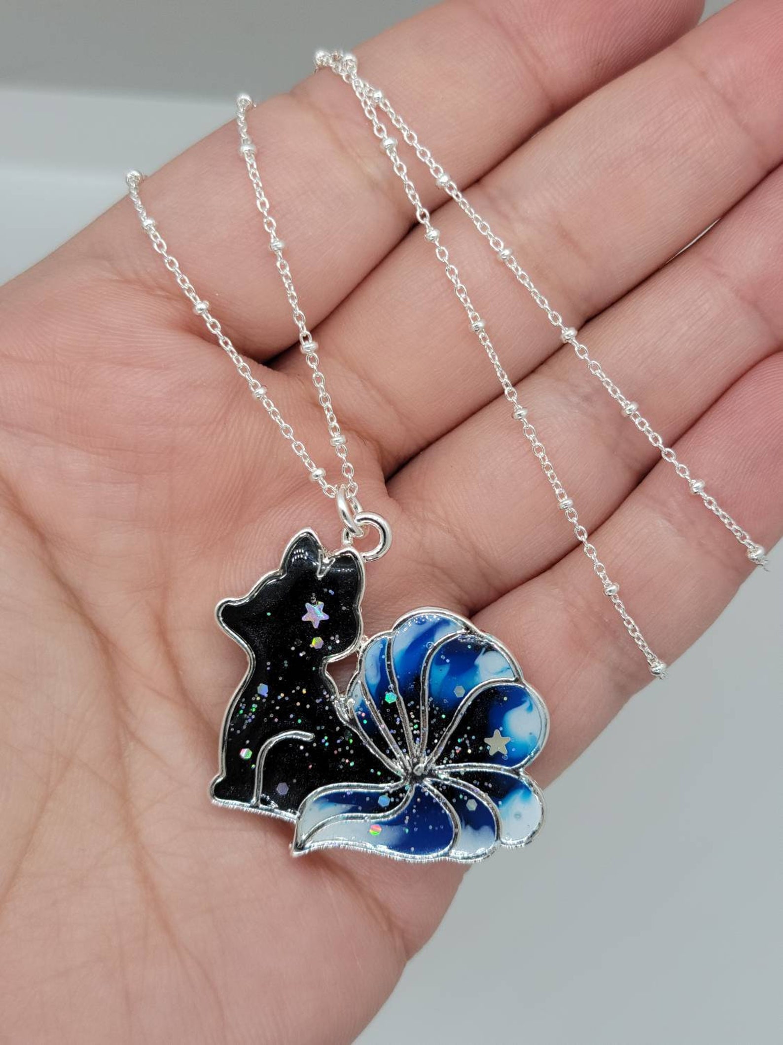 Kitsune Necklace Sterling silver 925 Satellite Curb Beaded Etsy