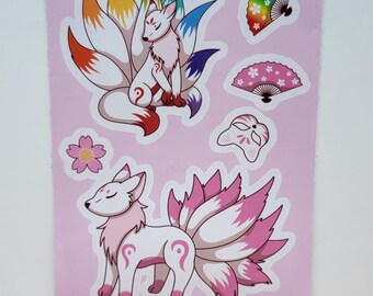 Kitsune vinyl Sticker Sheet ~ Laptop ~ Journal ~ Holographic Stars