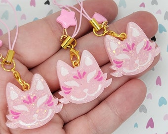 Pink Kitsune Kawaii charm ~ handmade OOAK Resin Phonestrap ~ Very Cute Accessory