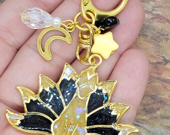 Black and Yellow Kitsune ~ handmade OOAK Resin Keychain ~ Very Cute Accessory