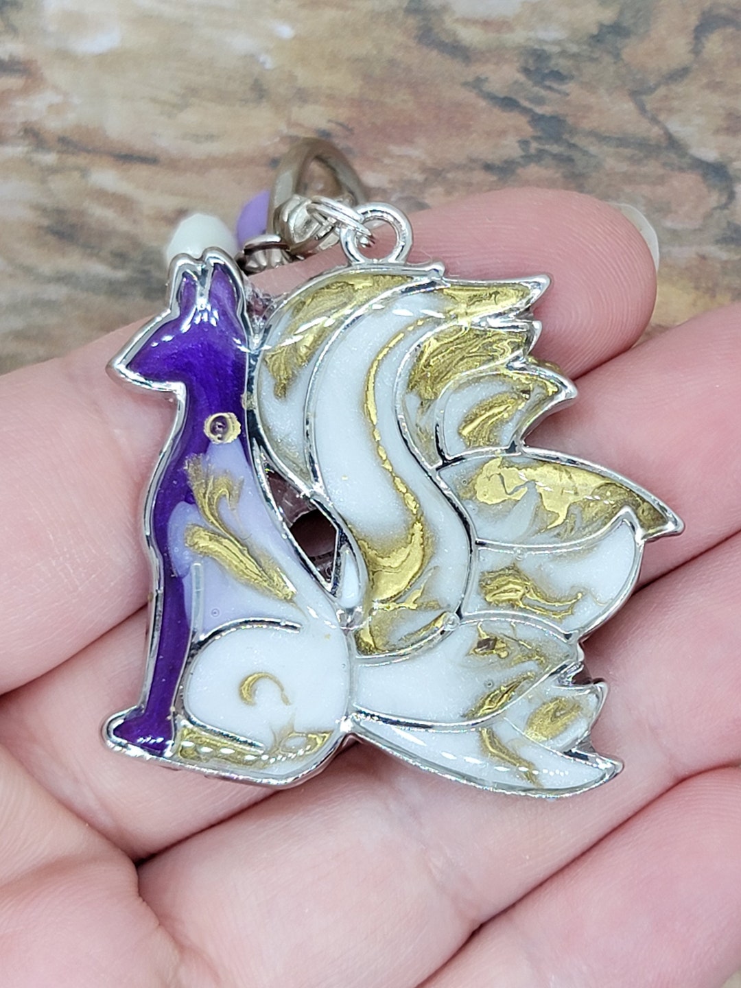 Purple and Gold Kitsune Handmade OOAK Resin Keychain Very Etsy
