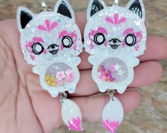 White and Pink Kitsune Hanging Tail ~ handmade OOAK Resin Keychain ~ Very Cute Accessory