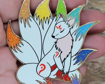 Rainbow Pride Kitsune Enamel Pin ~ ninetailed fox ~ super cute!