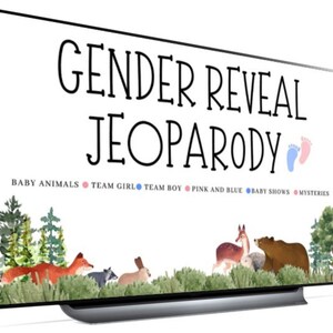 Op de afbeelding: Een televisiescherm waarop een gender reveal-spel te zien is met de titel "Gender Reveal Jeopardy" met categorieën: Babydieren, Team Meisje, Team Jongen, Roze en Blauw, Babyprogramma's en Mysterie.