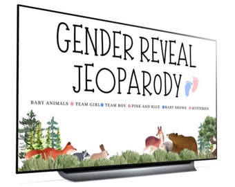 Könnte beinhalten: Ein Fernsehbildschirm zeigt ein Gender-Reveal-Spiel mit dem Titel "Gender Reveal Jeopardy" mit den Kategorien: Babytiere, Team Mädchen, Team Junge, Rosa und Blau, Babyshows und Mysterien.