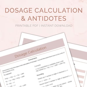 Puede incluir: Varios documentos PDF imprimibles blancos con el título "Dosage Calculation & Antidotes" en una fuente marrón suave. Los documentos contienen texto sobre conversiones y cálculos de dosis. El fondo es un patrón de mármol rosa claro.