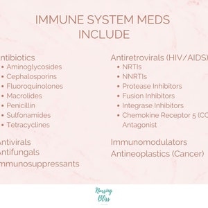 K&ouml;nnte beinhalten: Eine rosa und wei&szlig;e Grafik mit dem Text "IMMUNE SYSTEM MEDS INCLUDE" in brauner Schrift. Die Grafik listet verschiedene Arten von Medikamenten auf, die zur Behandlung des Immunsystems eingesetzt werden, darunter Antibiotika, Antivirale, Antimykotika, Immunsuppressiva, Antiretrovirale, Immunmodulatoren und Antineoplastika.
