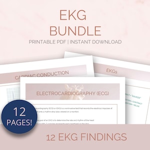 May include: A printable PDF bundle of 12 pages with information about EKGs, including cardiac conduction and 12 EKG findings. The text "EKG Bundle" is at the top of the image, and the text "Printable PDF | Instant Download" is below it.