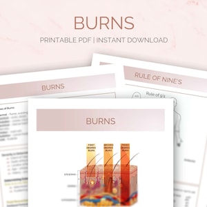 May include: Printable chart illustrating the different degrees of burns, including first, second, and third degree burns. The chart also includes a diagram of the skin layers, showing the epidermis and dermis. The chart is titled "Burns".