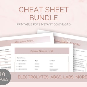May include: A printable cheat sheet bundle for healthcare professionals. The bundle includes 10 pages of information on electrolytes, ABGs, labs, and more. The image shows a close-up of a page titled "Cranial Nerves I - XII" with a table listing the cranial nerves, their number and name, type, and function. The image also shows a page titled "ABG Cheat Sheet" with a section labelled "Labs to Know!" and a list of labs to know.
