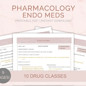 May include: A printable PDF document with the title "Pharmacology Endo Meds" and the text "10 Drug Classes" on a pink background. The document is divided into sections with headings such as "Growth Hormone", "P: Growth Hormone", "T: Hormone", "P: Mineralocorticoid", and "T: Corticosteroid".