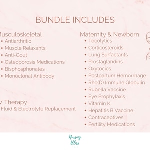 K&ouml;nnte beinhalten: Eine rosa und wei&szlig;e Grafik mit dem Text "BUNDLE INCLUDES" in brauner Schrift. Die Grafik listet verschiedene medizinische Behandlungen und Medikamente auf, die in die Kategorien Musculoskeletal, IV Therapy und Maternity & Newborn eingeteilt sind. In der oberen rechten Ecke der Grafik befindet sich eine Strichzeichnung einer schwangeren Frau.
