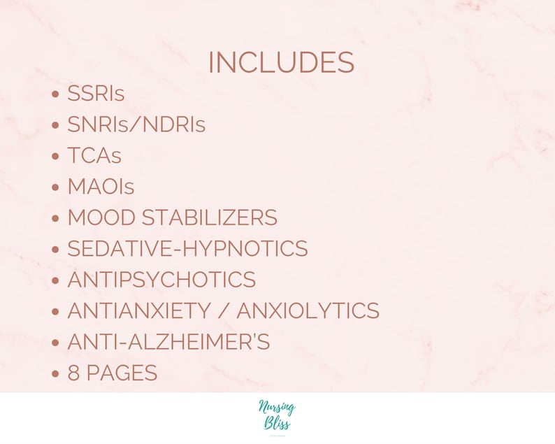 May include: A pink background with brown text listing different types of medications, including SSRIs, SNRIs/NDRIS, TCAS, MAOIs, Mood Stabilizers, Sedative-Hypnotics, Antipsychotics, Antianxiety/Anxiolytics, Anti-Alzheimer's, and 8 Pages. The text "INCLUDES" is at the top of the list.