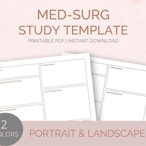 Puede incluir: Dos plantillas de estudio imprimibles para estudiantes de enfermería médico-quirúrgica. Las plantillas están en orientaciones vertical y horizontal. Cada plantilla tiene secciones para la enfermedad, la fisiopatología y la etiología, los signos y síntomas, las complicaciones y los análisis de laboratorio y el diagnóstico.